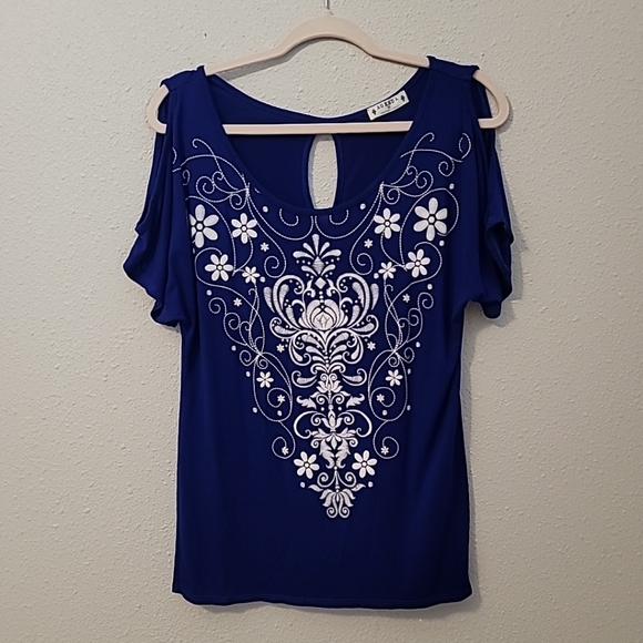 Royal Blue Embroidered Cold Shoulder Top by AGENDA Sz M~ keyhole back - Picture 1 of 11